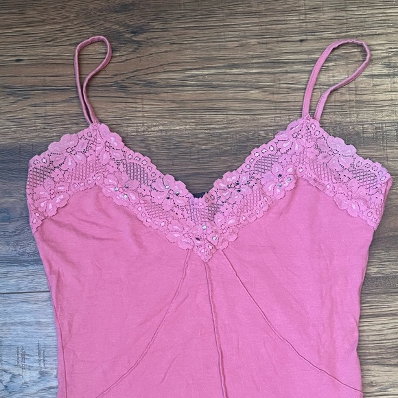 Vintage‎ Y2K Pink Floral Lace Cami Rhinestones Retro Going Out Summer Medium - Picture 2 of 5